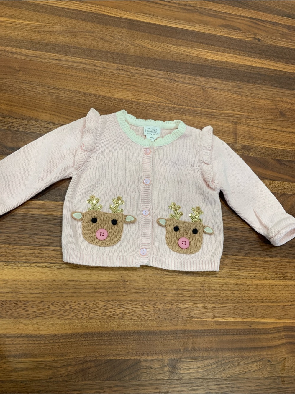 Mud Pie Baby Girls Pink Holiday Ruffle Reindeer Knit Cardigan Sweater 3-6M